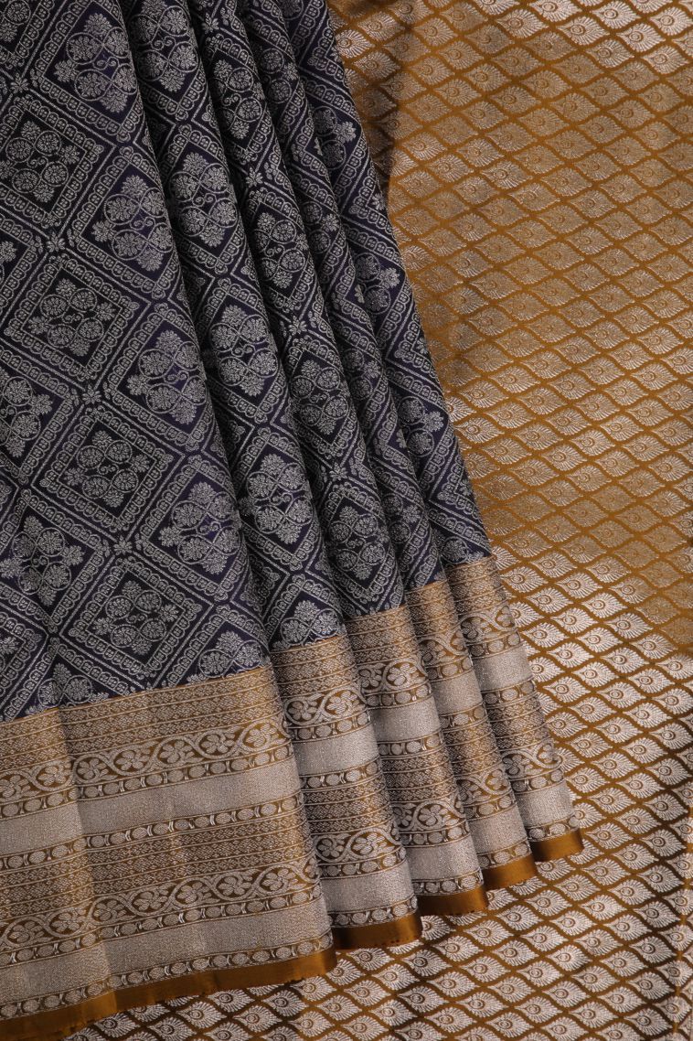 Indigo Blue Soft Silk Saree with Silver Zari Floral Patterns view 1