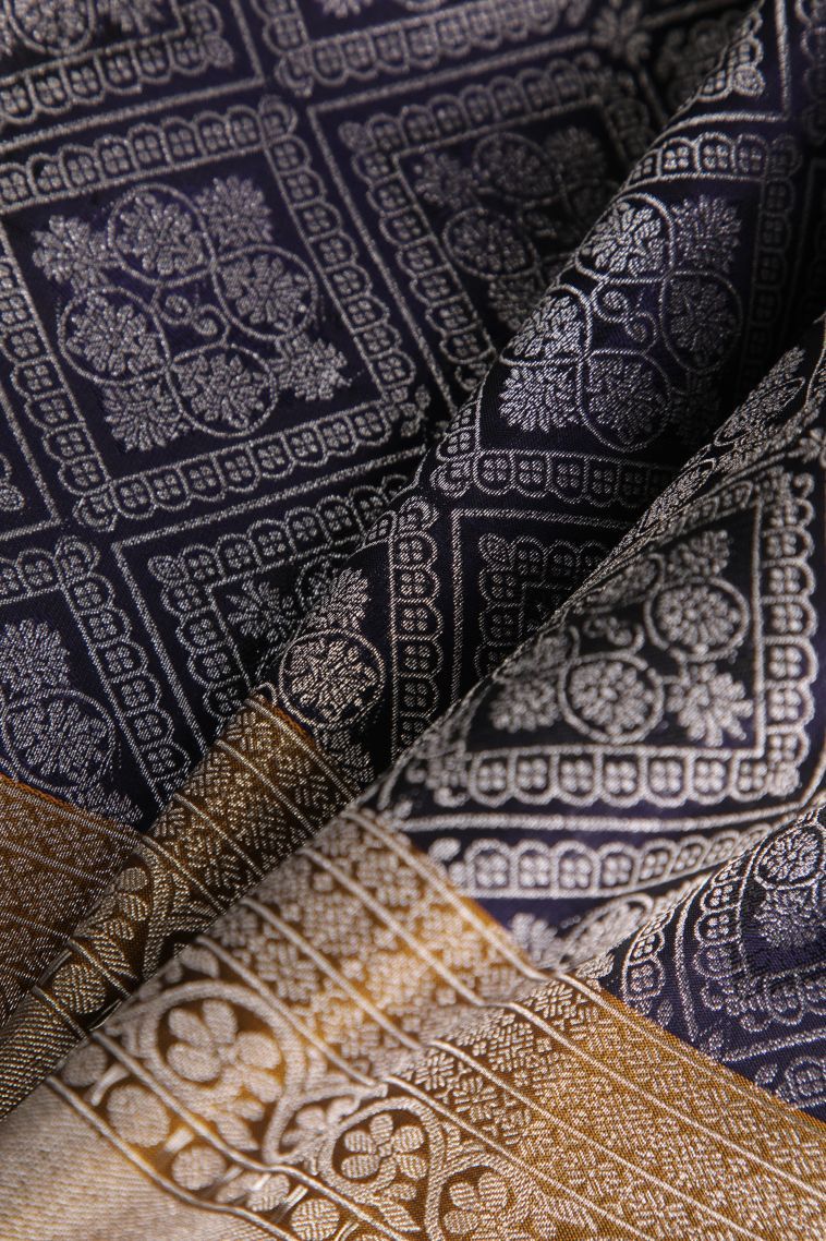 Indigo Blue Soft Silk Saree with Silver Zari Floral Patterns view 4