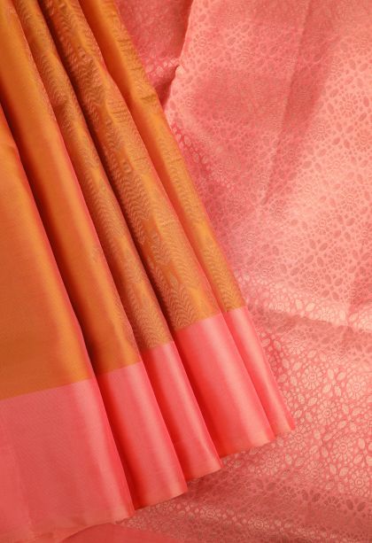 Tiger Orange Soft Silk Saree with Copper Zari Floral Patterns