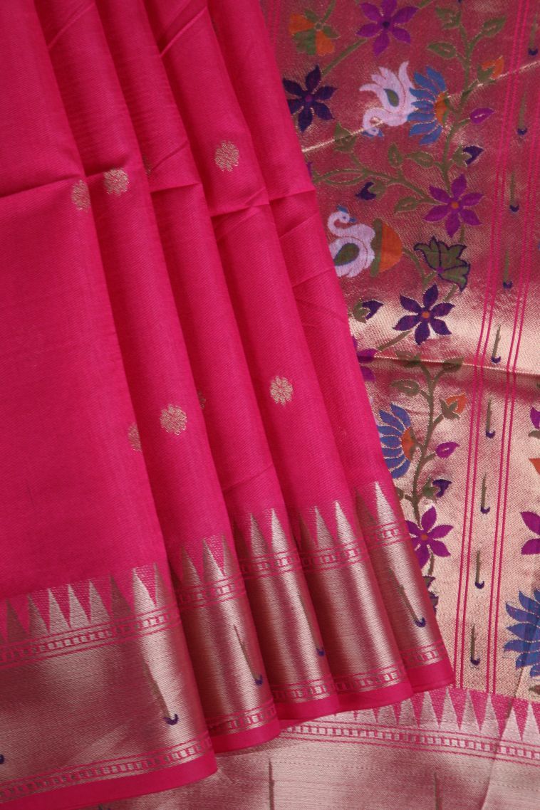 Hot Pink Banaras Sarees with Gold Zari Buttis (small Dots Or Motifs) view 1