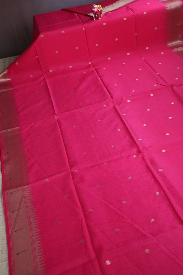Hot Pink Banaras Sarees with Gold Zari Buttis (small Dots Or Motifs) view 2