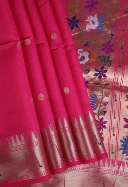 Hot Pink Banaras Sarees with Gold Zari Buttis (small Dots Or Motifs)
