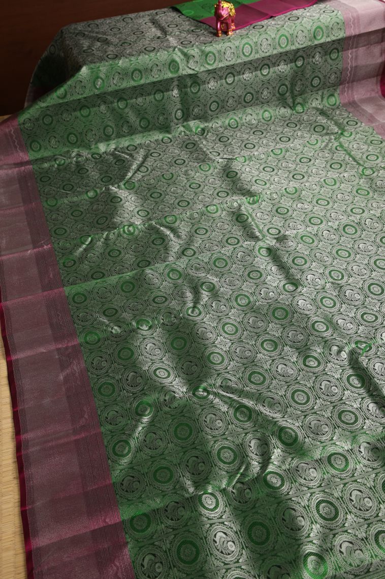 Emerald Green Soft Silk Saree with Silver Zari Annam Rudhratcham view 2