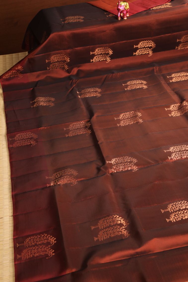 Apple Red Soft Silk Saree with Copper Zari Floral Puttas view 2