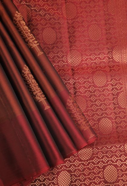 Apple Red Soft Silk Saree with Copper Zari Floral Puttas