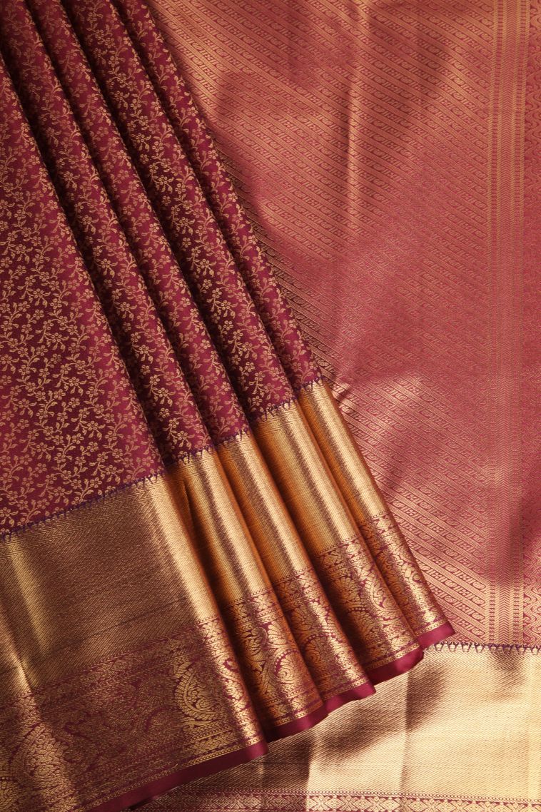 Garnet Red Apoorva Silk Sarees with Gold Zari Floral Patterns view 1