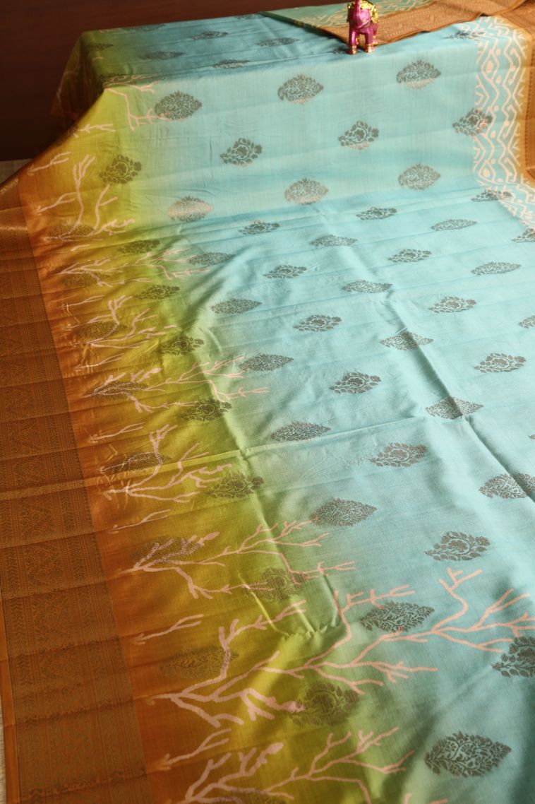 Arctic Blue Semi Raw Silk Printed with Antic Zari Thilagam Puttas view 2
