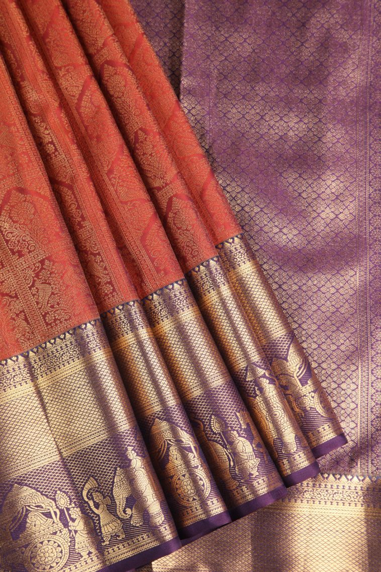 Clay Orange Apoorva Silk Sarees with Gold Zari Peacock Motifs view 1