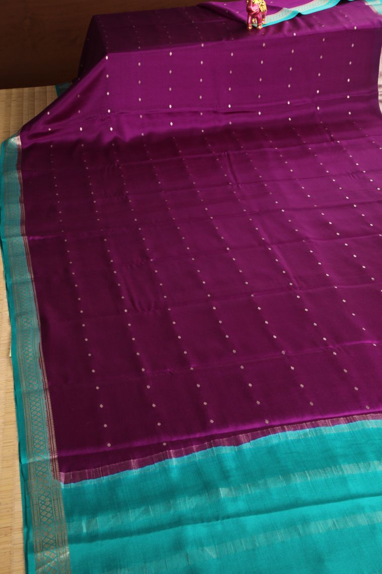 Bosenberry Purple Mysore Silk with Gold Zari Buttis (small Dots Or Motifs) view 2