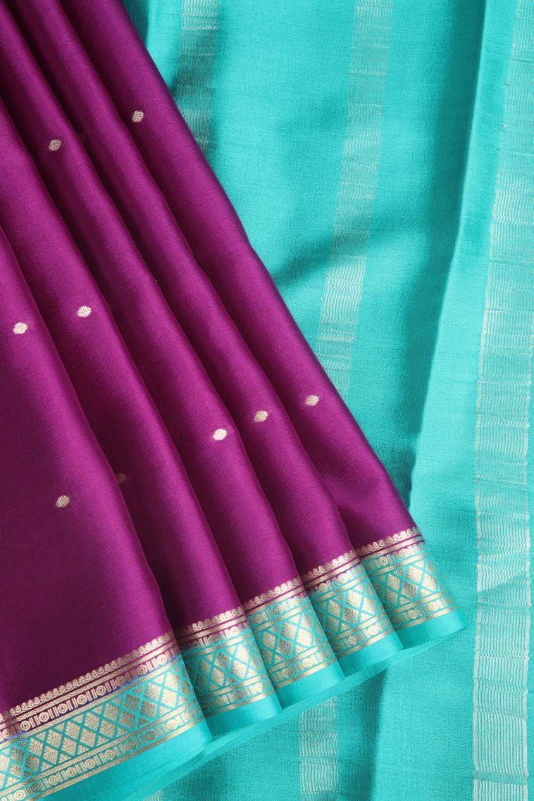 Bosenberry Purple Mysore Silk with Gold Zari Buttis (small Dots Or Motifs) view 1