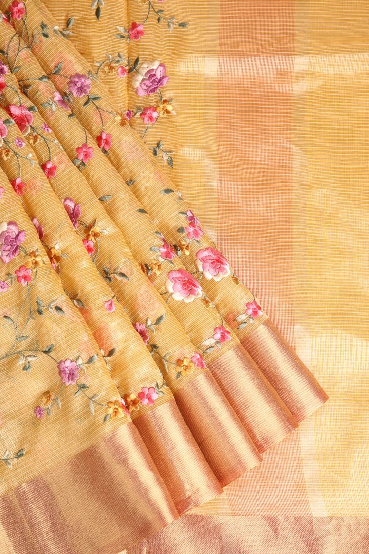 Cookie Yellow Tissue Silk Sarees with Gold Zari Embroidary view 1