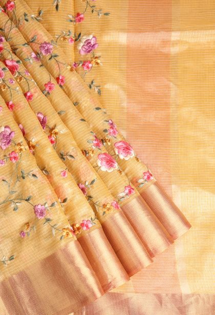 Cookie Yellow Tissue Silk Sarees with Gold Zari Embroidary