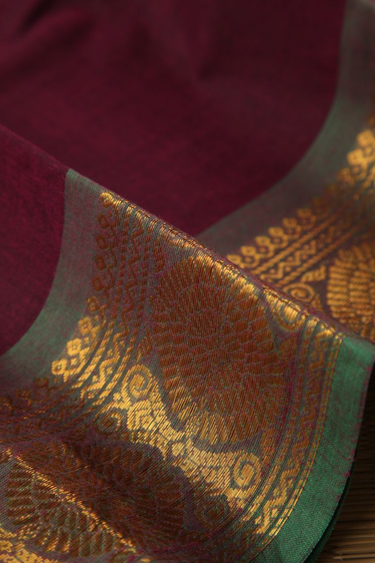 Magenta Purple Chettinad Cotton Sarees with Gold Zari Plain view 4
