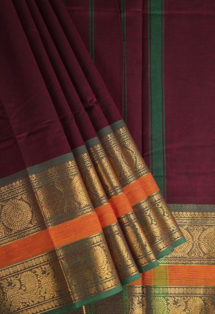 Magenta Purple Chettinad Cotton Sarees with Gold Zari Plain