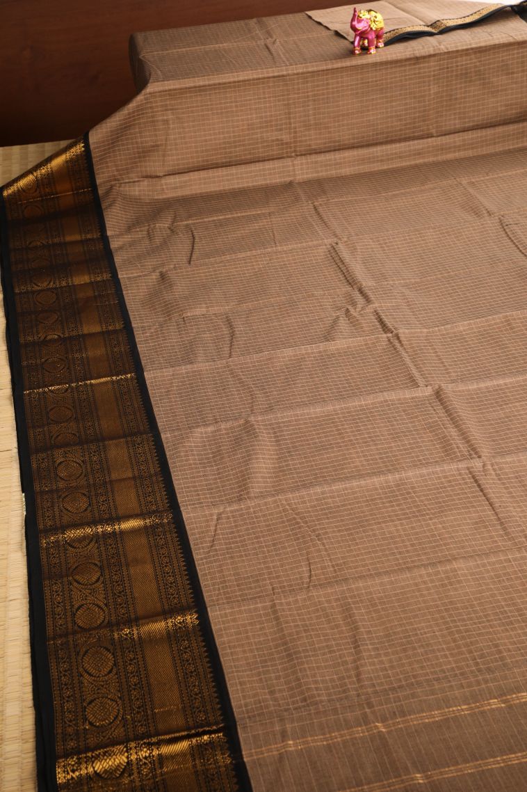 Tortilla Brown Chettinad Cotton Sarees with Gold Zari Checks view 2
