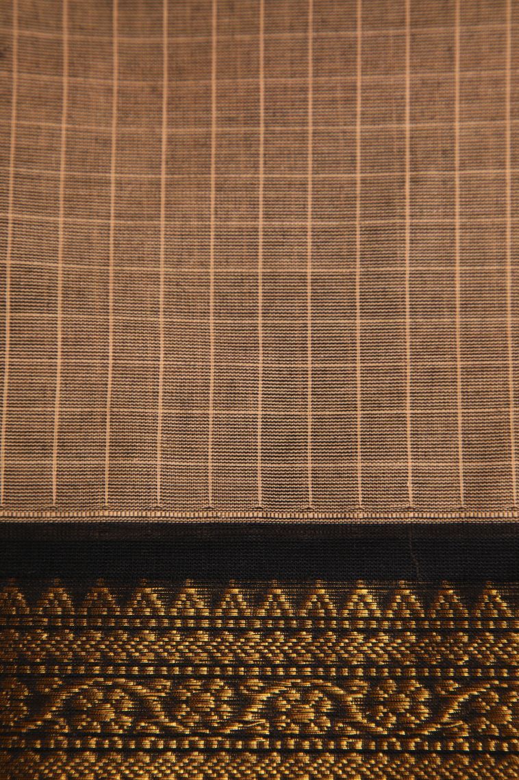 Tortilla Brown Chettinad Cotton Sarees with Gold Zari Checks view 3
