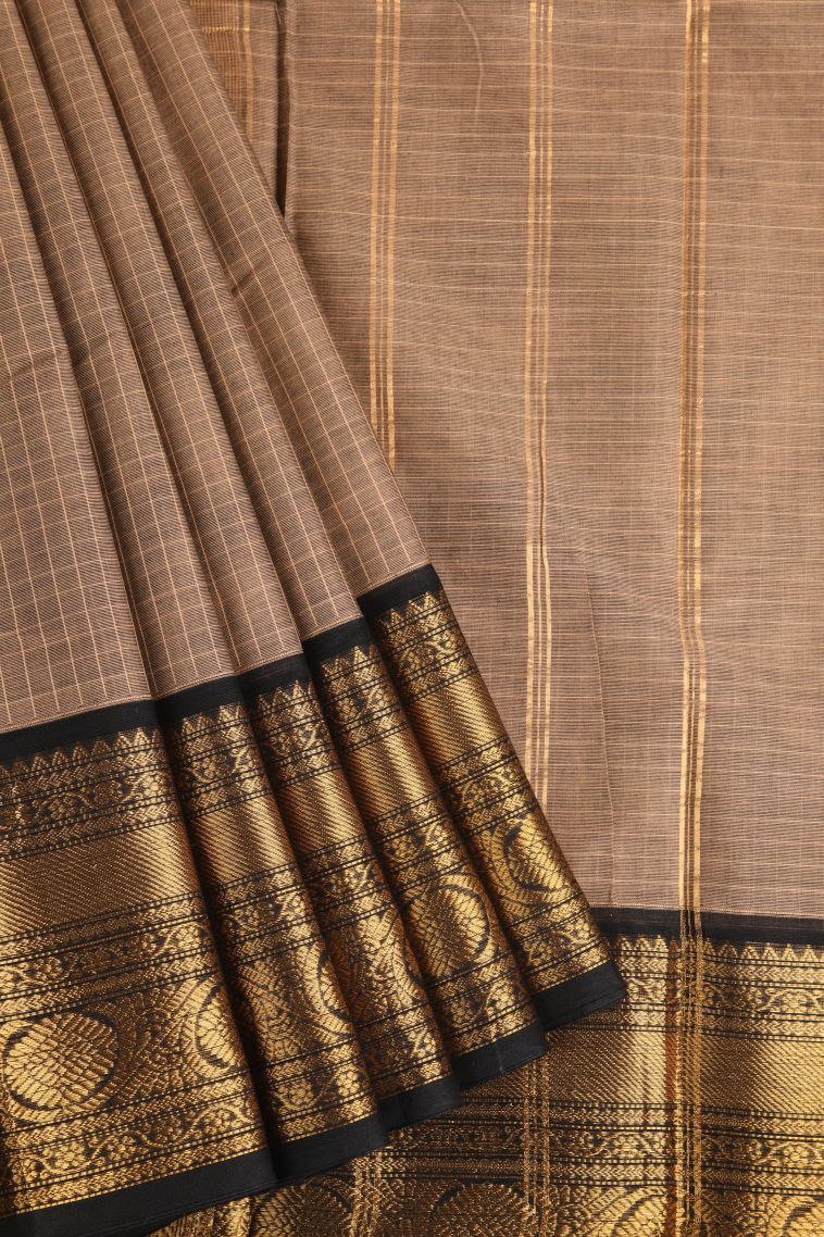Tortilla Brown Chettinad Cotton Sarees with Gold Zari Checks view 1