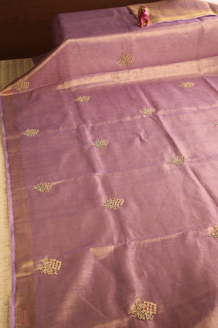 Periwinkle Purple Tissue Silk Sarees with Gold Zari Beeds Work view 2