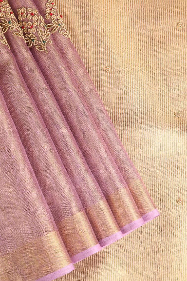 Periwinkle Purple Tissue Silk Sarees with Gold Zari Beeds Work view 1