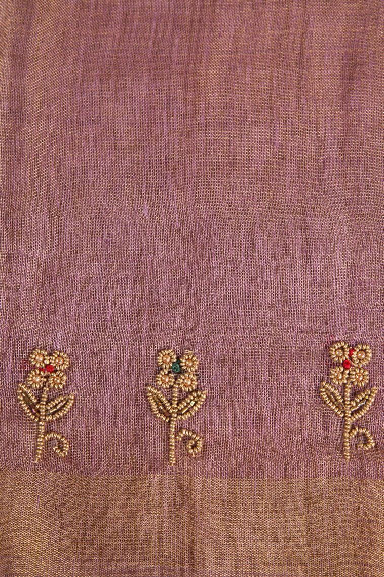 Periwinkle Purple Tissue Silk Sarees with Gold Zari Beeds Work view 3