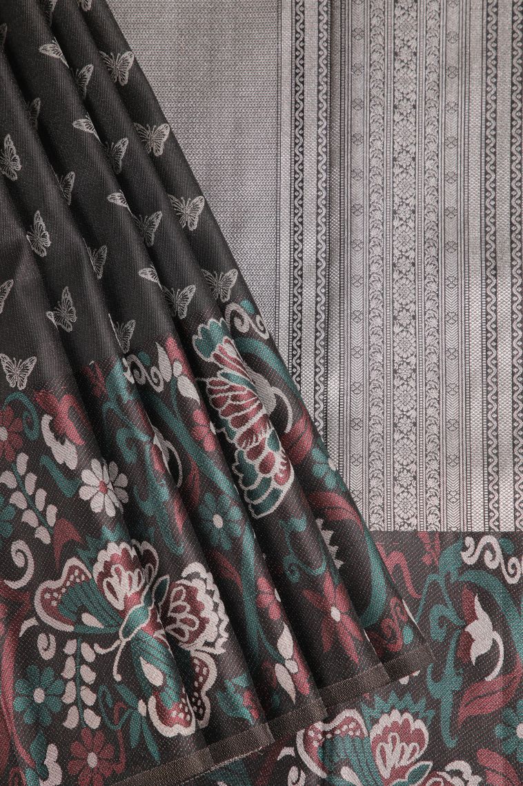 Asphalt Black Kanchipuram Silk Sarees with Silver Zari Butterfly Butta view 1