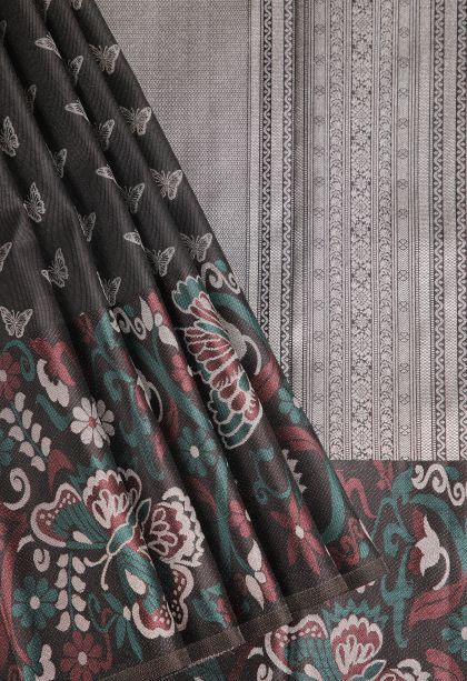 Asphalt Black Kanchipuram Silk Sarees with Silver Zari Butterfly Butta