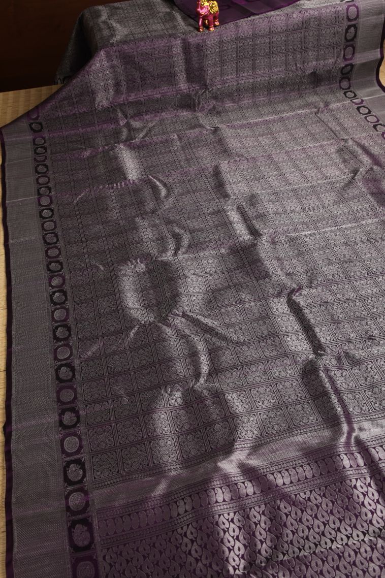 Grape Purple Soft Silk Saree with Silver Zari Floral Patterns view 2