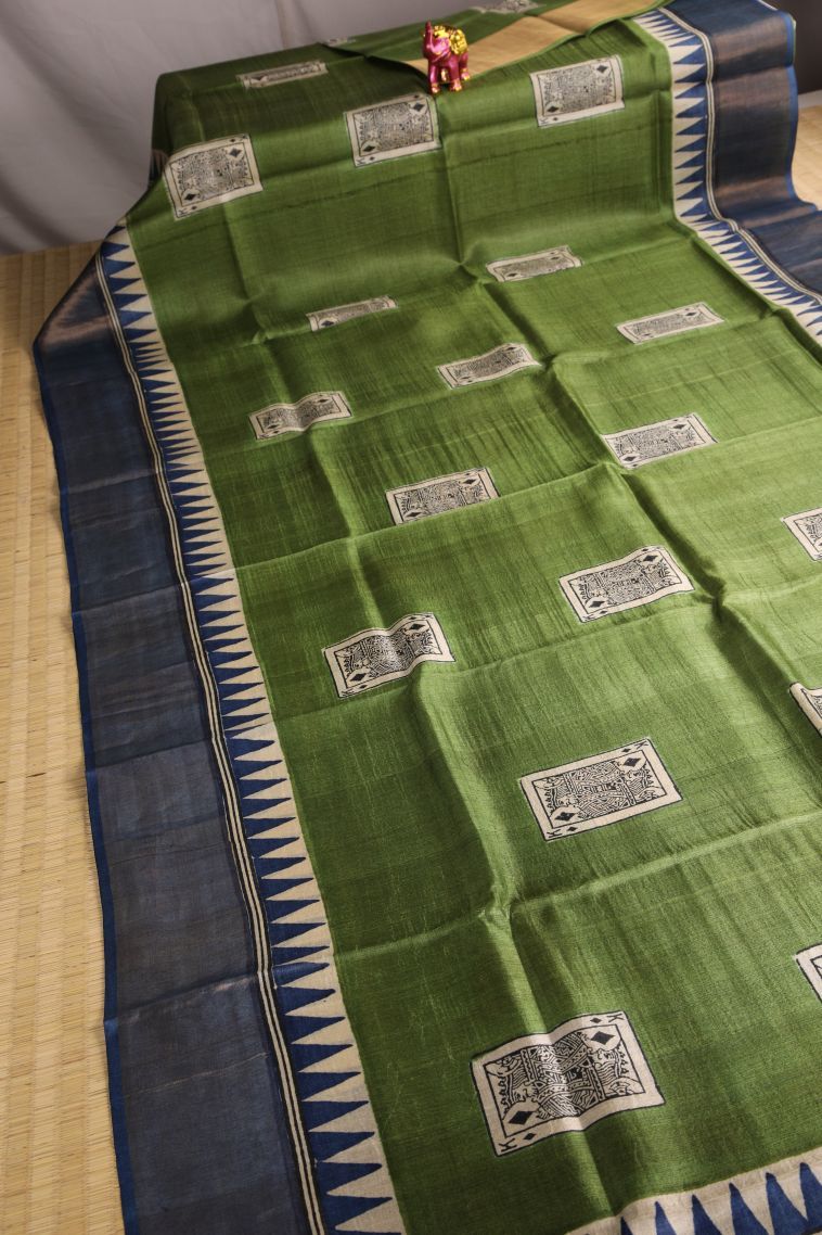 Juniper Green Tussar Saree with Gold Zari Geometric Shapes view 2