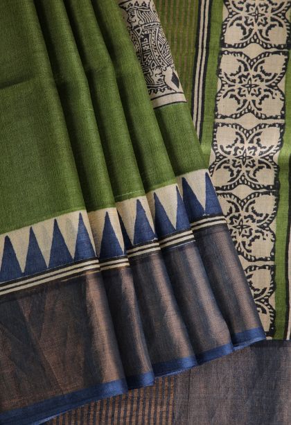 Juniper Green Tussar Saree with Gold Zari Geometric Shapes