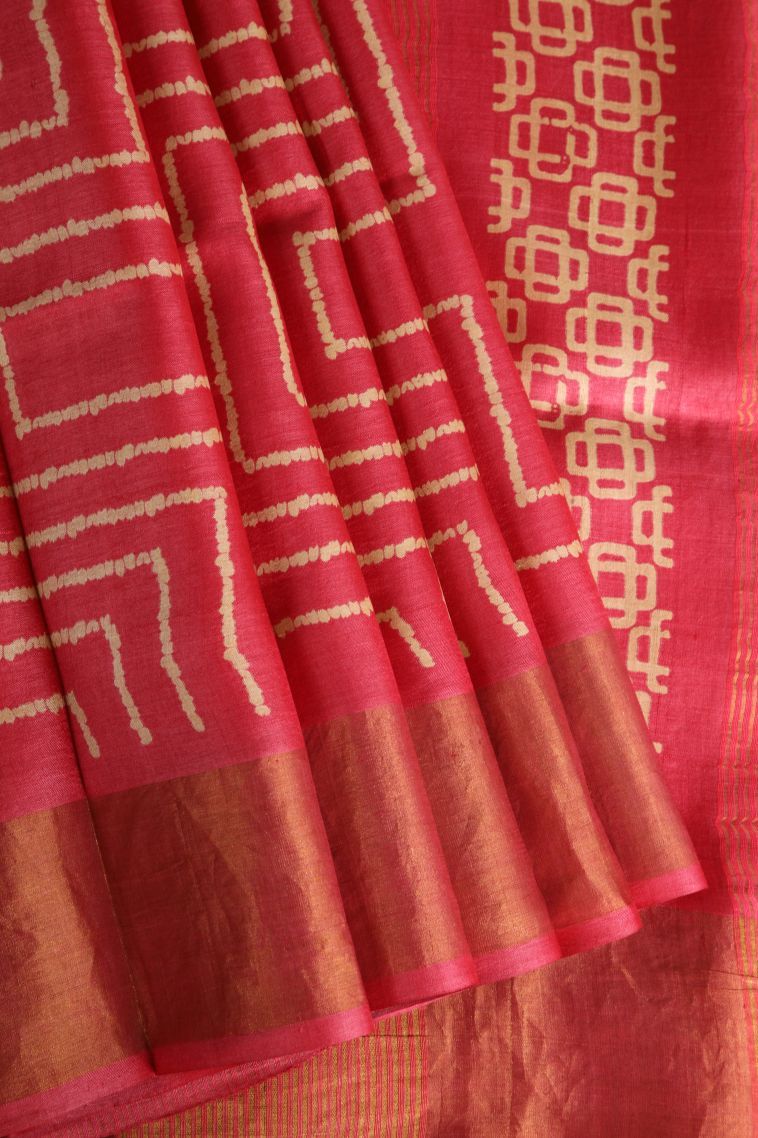 Punch Pink Tussar Saree with Gold Zari Geometric Shapes view 1