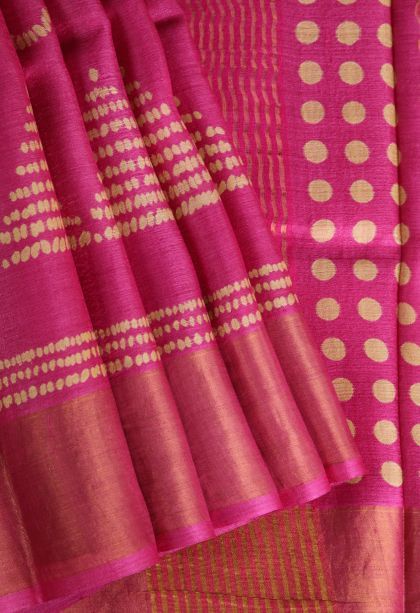 Fuscia Pink Tussar Saree with Gold Zari Geometric Shapes