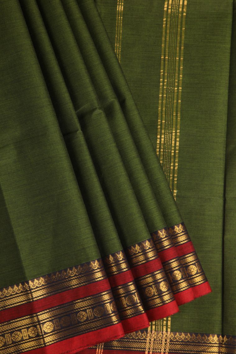 Basil Green Chettinad Cotton Sarees with Gold Zari Plain view 1