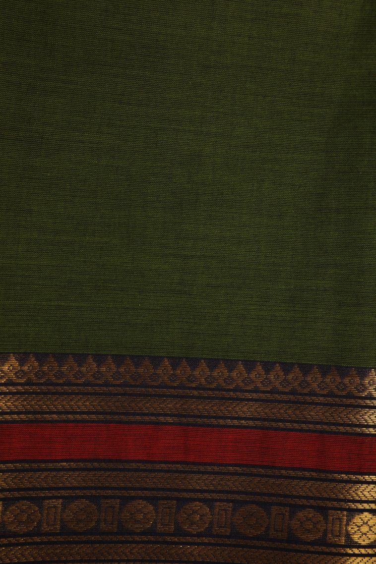 Basil Green Chettinad Cotton Sarees with Gold Zari Plain view 3