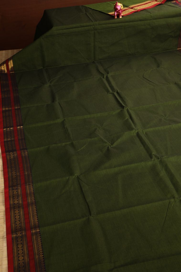 Basil Green Chettinad Cotton Sarees with Gold Zari Plain view 2