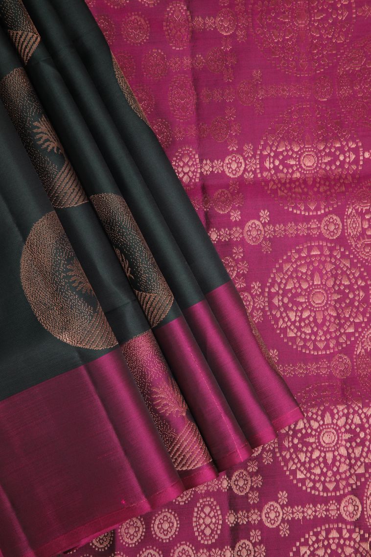 Basil Green Soft Silk Saree with Copper Zari Circle Mottif view 1