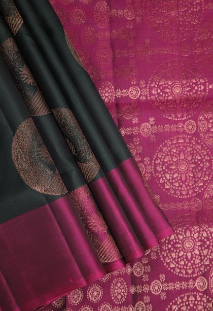 Basil Green Soft Silk Saree with Copper Zari Circle Mottif