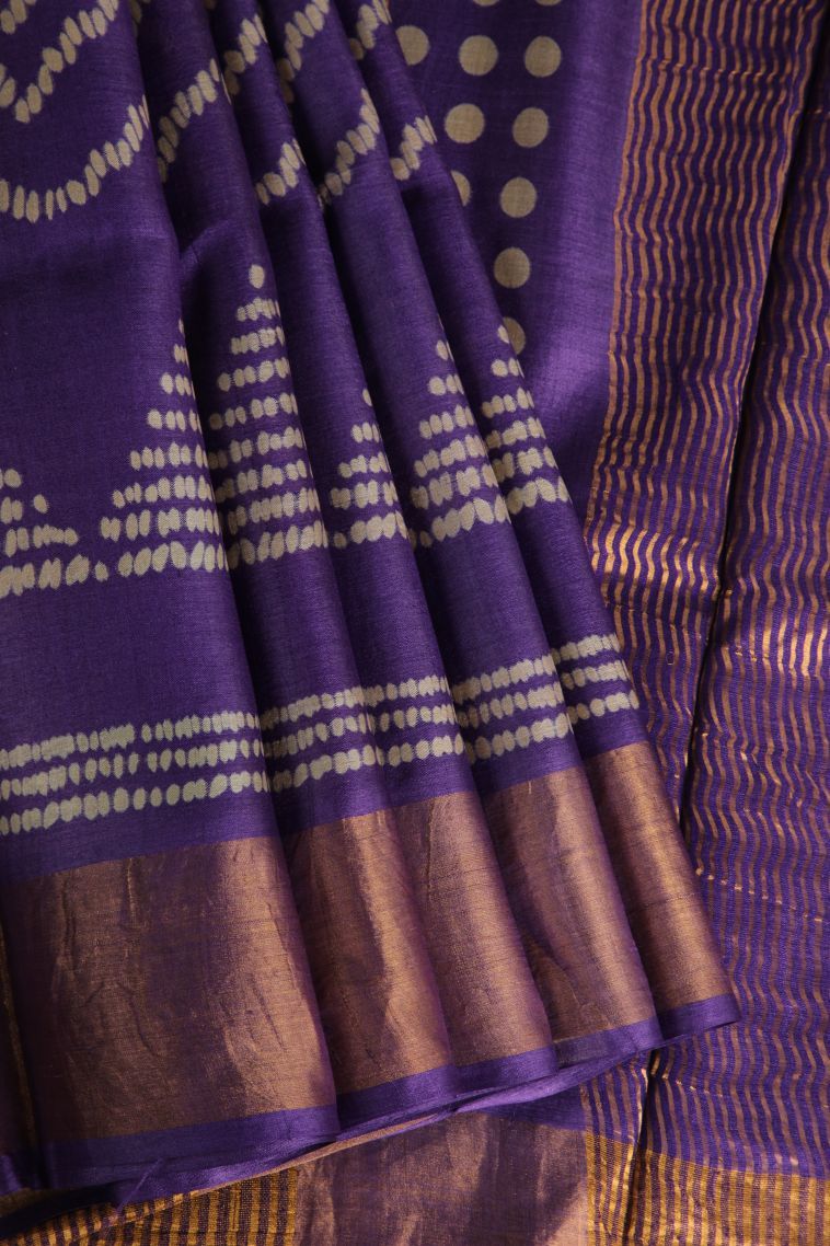 Viola Purple Tussar Saree with Gold Zari Geometric Shapes view 1