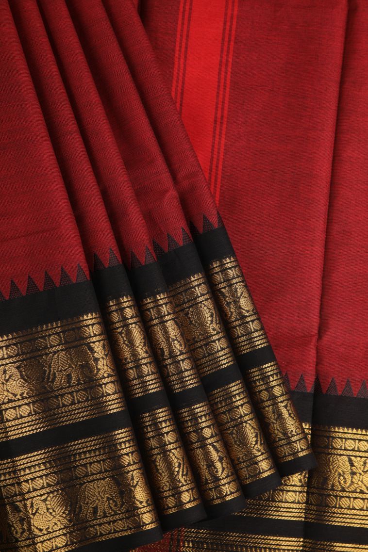 Apple Red Chettinad Cotton Sarees with Gold Zari Plain view 1