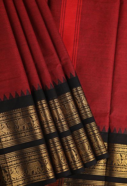 Apple Red Chettinad Cotton Sarees with Gold Zari Plain