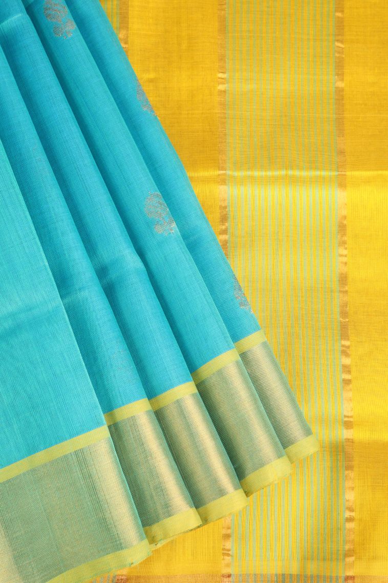 Arctic Blue Silk Cotton with Gold Zari Buttis (small Dots Or Motifs) view 1