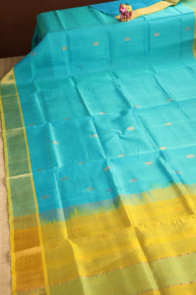 Arctic Blue Silk Cotton with Gold Zari Buttis (small Dots Or Motifs) view 2