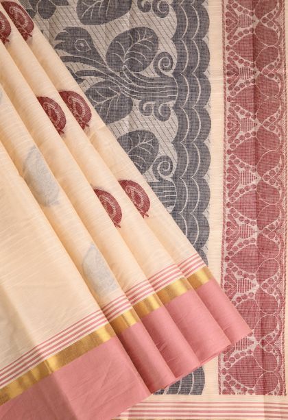Coconut White Chettinad Cotton Sarees with Without Zari Zari Manga