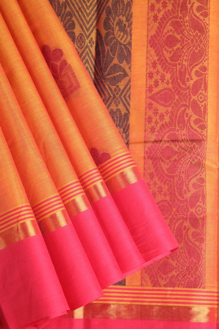 Carrot Orange Chettinad Cotton Sarees with Gold Zari Floral Puttas view 1