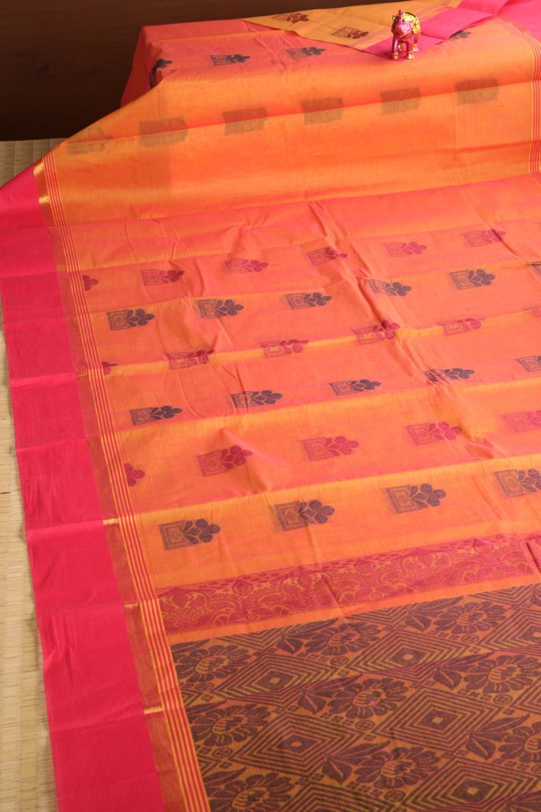 Carrot Orange Chettinad Cotton Sarees with Gold Zari Floral Puttas view 2