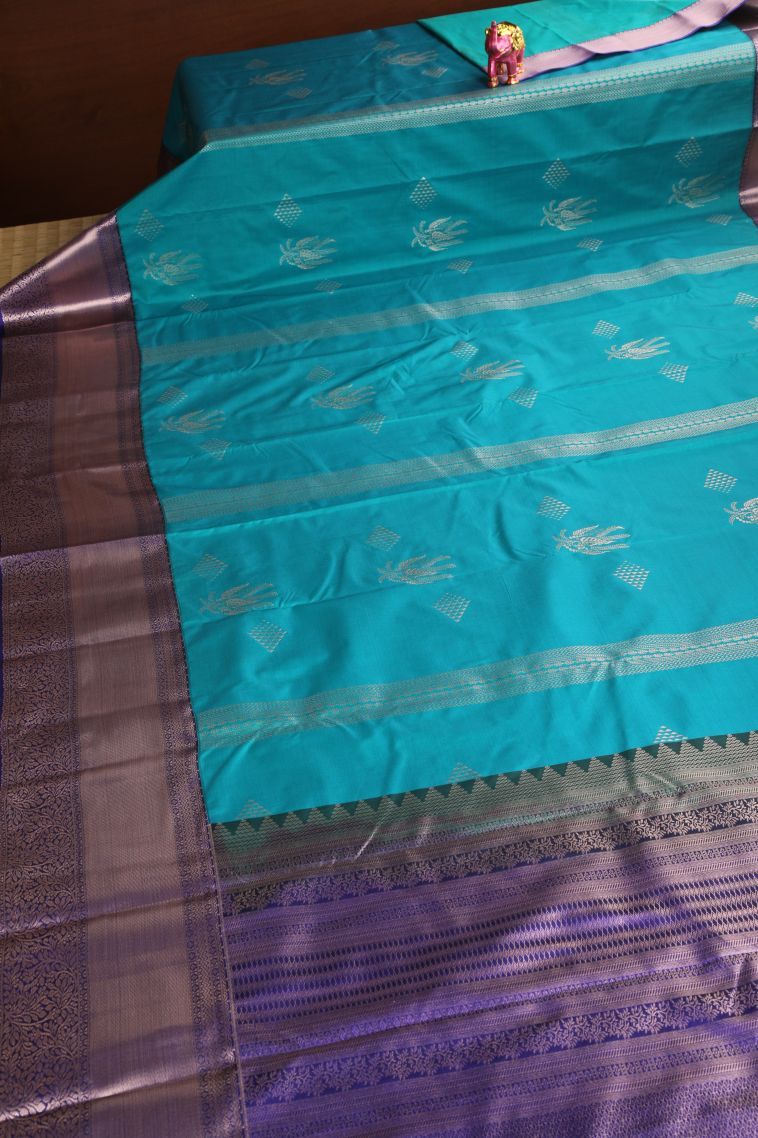 Cerulean Blue Apoorva Silk Sarees with Gold Zari Floral Patterns view 2