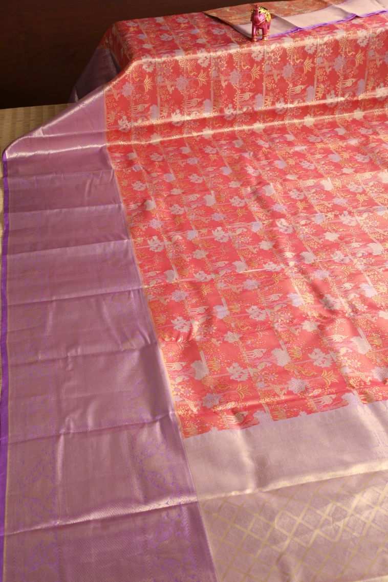 Coral Pink Tissue Silk Sarees with Gold Zari Animal And Bird Motifs view 2