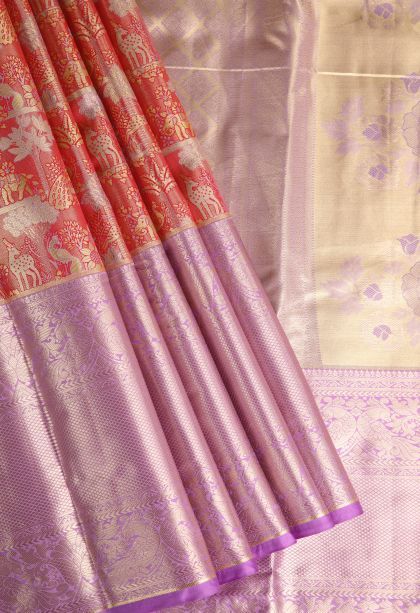 Coral Pink Tissue Silk Sarees with Gold Zari Animal And Bird Motifs