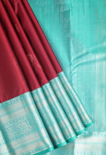 Berry Red Apoorva Silk Sarees with Copper Zari Floral Puttas