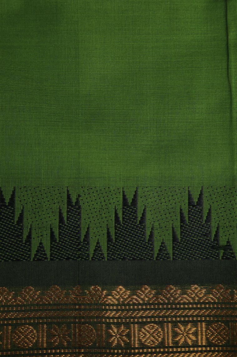 Moccon Green Chettinad Cotton Sarees with Gold Zari Plain view 3