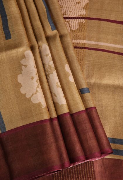Oat Yellow Tussar Saree with Gold Zari Floral Patterns